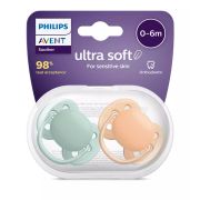 Пустышка ultra soft, нежно-зеленая/оранжевая без рисунка, 0-6 мес., 2 шт.